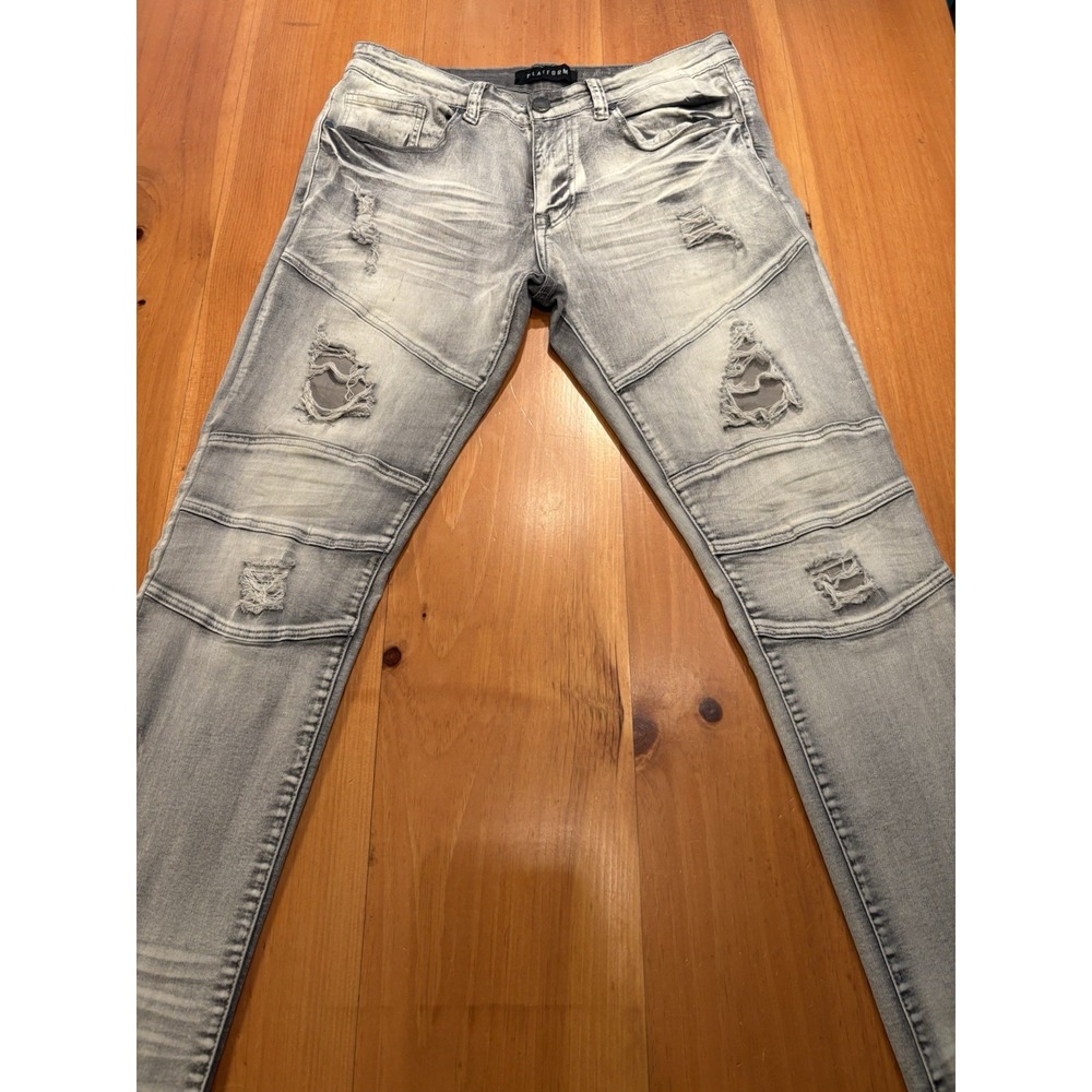 Platform Men's 30x34 Grunge Distressed Jeans Y2K Biker Moto Light Wash Denim